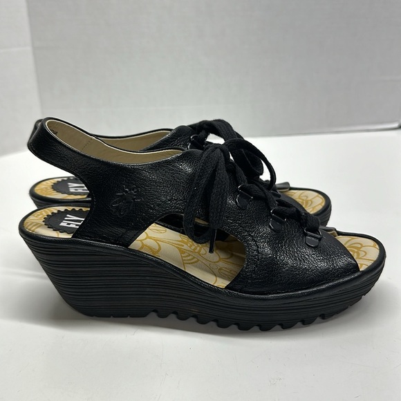 Fly London Ylva High Heel Wedges Wedged Sandals Open Toe Leather Black Size 39 8 - Picture 4 of 12